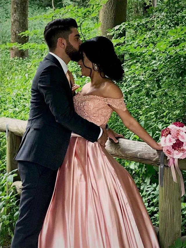 Blush Pink Wedding Dresses Satin Off Shoulder Ball Gowns