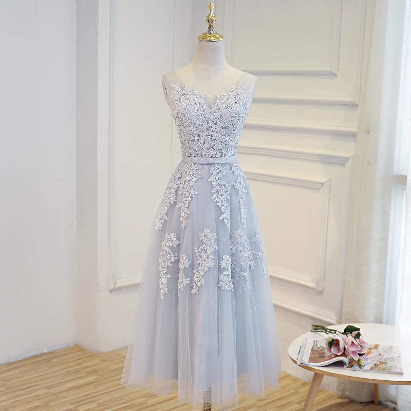 Elegant Lace Appliques Tea Length Bridesmaid Party Dresses
