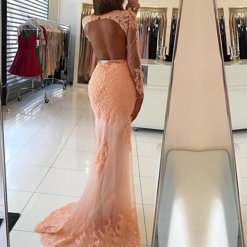 Long Sleeves Open Back Lace Mermaid Prom Dresses