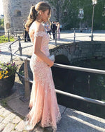 Load image into Gallery viewer, V-neck Off Shoulder Tulle Mermaid Prom Dresses Lace Appliques Evening Gowns
