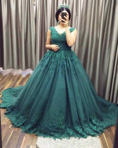 Deep V-neck Tulle Ball Gowns Prom Dresses Lace Appliques