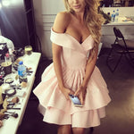 Load image into Gallery viewer, Pink Satin V Neck Off Shoulder Homecoming Dresses Short Ruffle Prom Gowns

