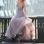 Load image into Gallery viewer, Sequins Beaded V Neck Gray Tulle V Neck Long Evening Gowns
