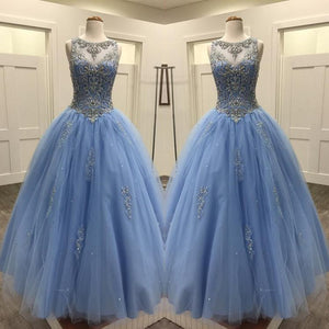 Light Blue Tulle Ball Gowns Quinceanera Dresses Crystal Beaded