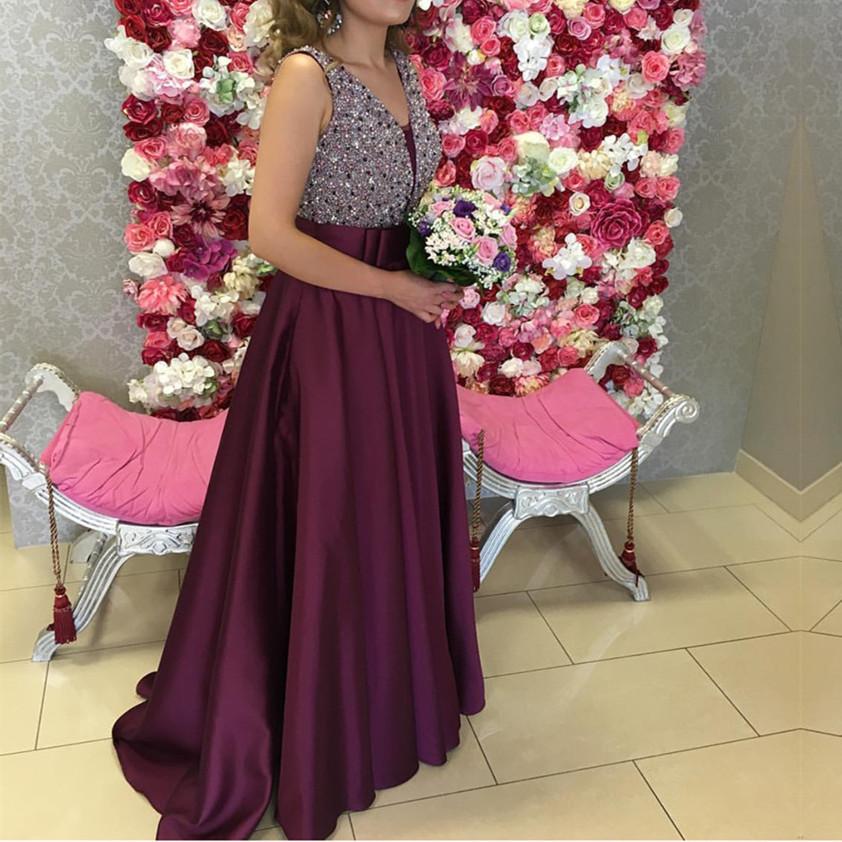 Luxurious Sequins Beaded V Neck Floor Length Satin Prom Dresses 2018