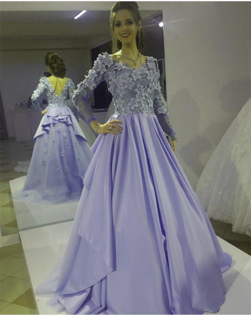 Chic Floral Lace V Neck Long Sleeves Formal Evening Gowns 2018 Prom Dresses