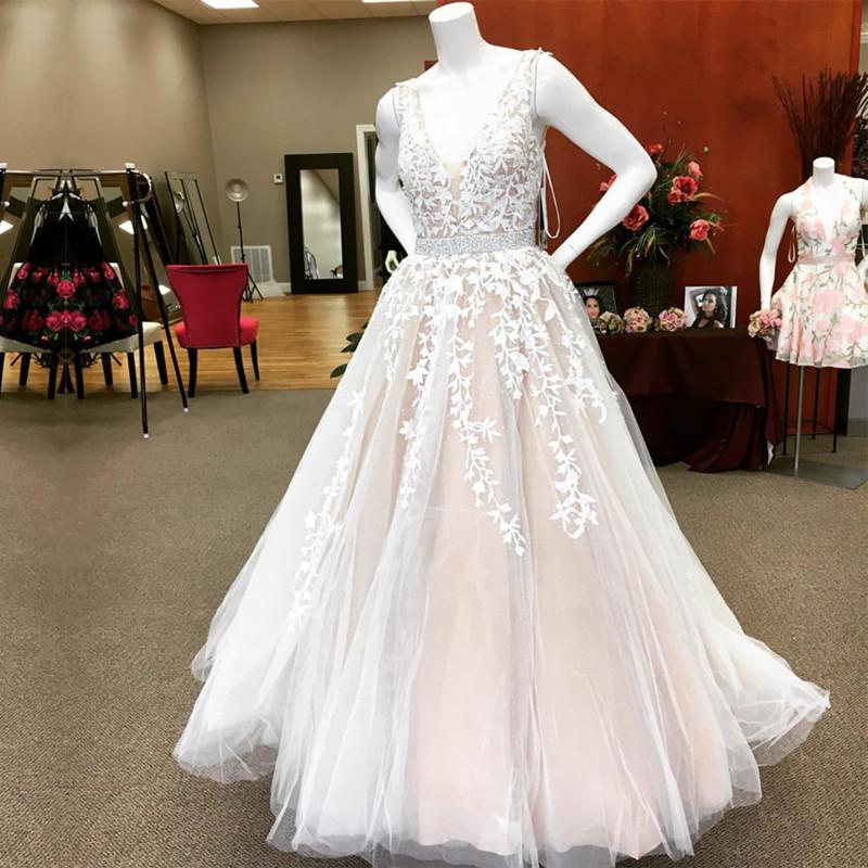 Elegant Ivory Lace Embroidery  Champagne Tulle Wedding Dresses V Neck