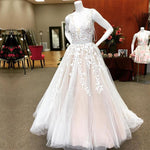 Load image into Gallery viewer, Elegant Ivory Lace Embroidery  Champagne Tulle Wedding Dresses V Neck
