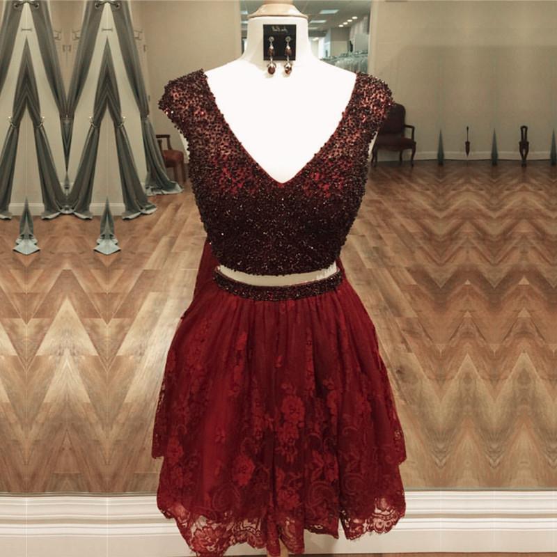 Stunning Beaded Cap Sleeves Lace Homecoming Dresses Two Piece