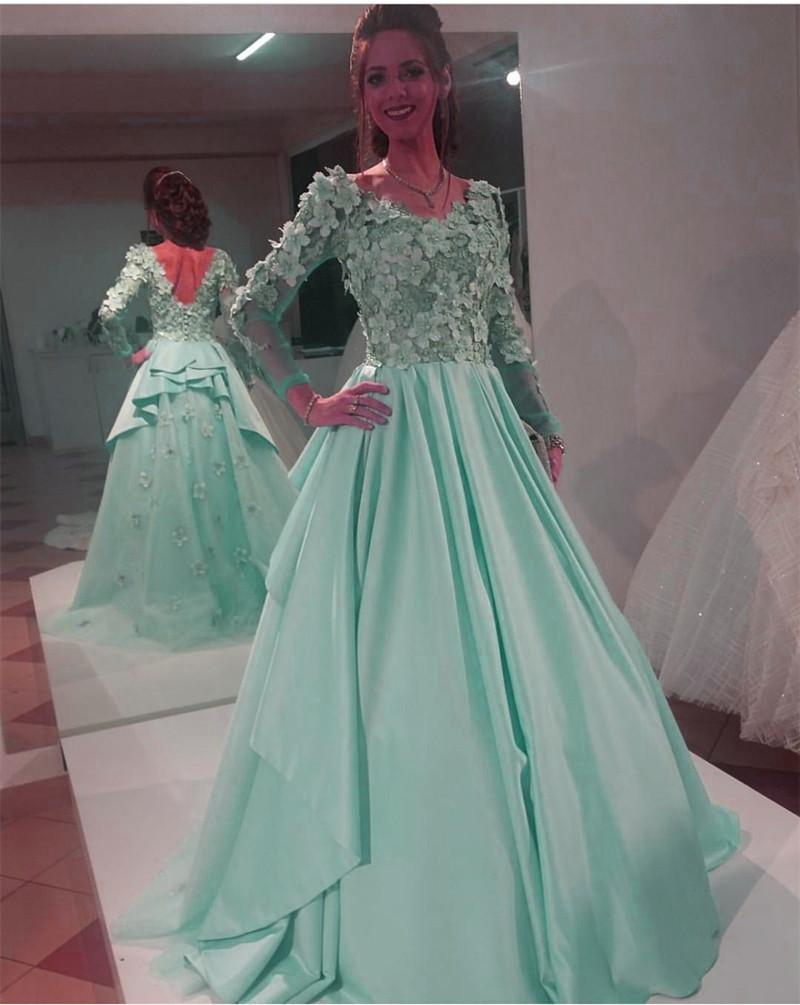 Chic Floral Lace V Neck Long Sleeves Formal Evening Gowns 2018 Prom Dresses