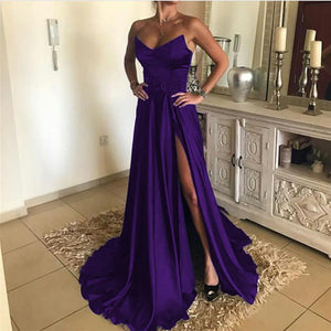 Sexy A Line Strapless Long Satin Split Prom Dresses