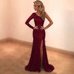 Load image into Gallery viewer, fully sequins and beaded black mermaid evening dresses one shoulder prom gowns with slit
