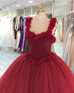 Afbeelding in Gallery-weergave laden, Maroon Tulle Ball Gown Flower Wedding Dresses With Crystal Beaded Bodice
