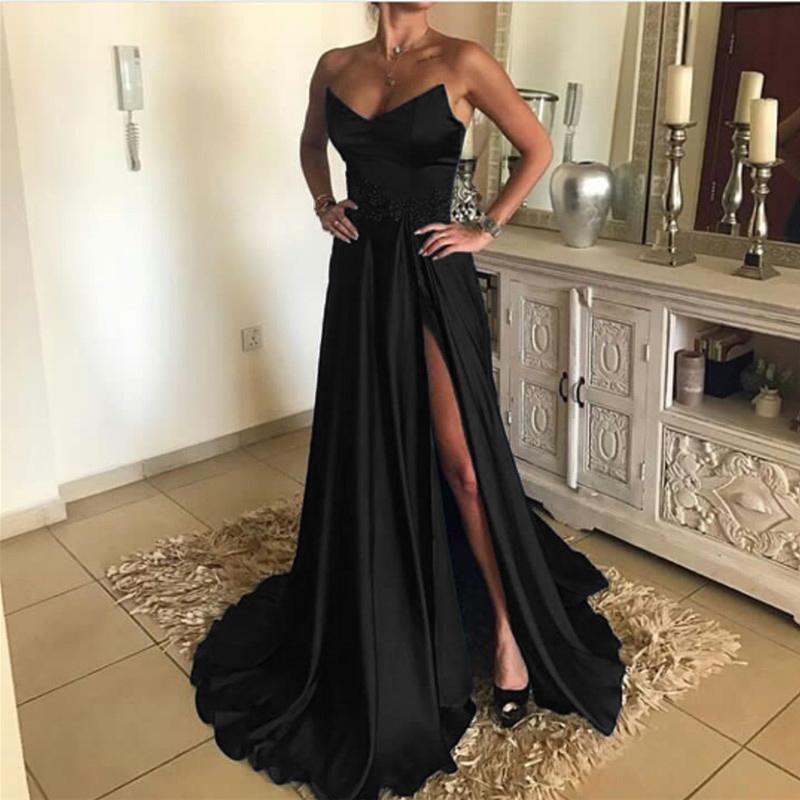 Sexy A Line Strapless Long Satin Split Prom Dresses