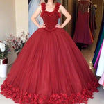 Cargar imagen en el visor de la galería, Maroon Tulle Ball Gown Flower Wedding Dresses With Crystal Beaded Bodice
