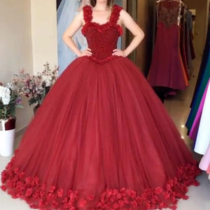 Maroon Tulle Ball Gown Flower Wedding Dresses With Crystal Beaded Bodice
