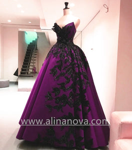 Black Embroidery Beaded Satin Strapless Ball Gowns Couture Evening Dress