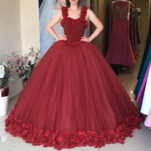Maroon Tulle Ball Gown Flower Wedding Dresses With Crystal Beaded Bodice
