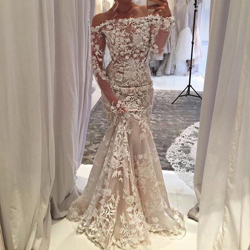 Off The Shoulder Long Sleeves Lace Mermaid Prom Dresses 2018