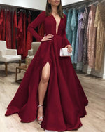 Load image into Gallery viewer, Burgundy-Prom-Dresses-Long-Sleeves-Evening-Gowns
