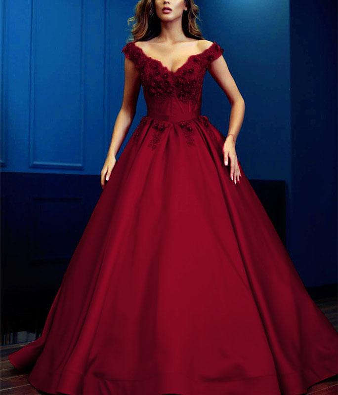 Lace Flowers Beaded V-neck Ball Gowns Prom Dresses Satin