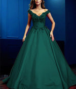 Load image into Gallery viewer, Lace Flowers Beaded V-neck Ball Gowns Prom Dresses Satin
