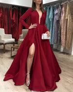 Load image into Gallery viewer, Long Sleeves Satin Prom Dresses Leg Slit Evening Gown
