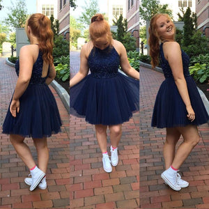 A Line Pleated Tulle Halter Homecoming Dresses Short Prom Dress With Keyhole Back