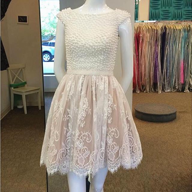 pearl beaded cap sleeves lace homecoming dresses short prom gowns 2017