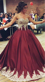 Load image into Gallery viewer, Gold Lace Appliques Sweetheart Burgundy Satin Quinceanera Dresses Ball Gowns
