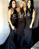 Load image into Gallery viewer, Long-Black-Bridesmaid-Dresses-Halter-Lace-Prom-Dresses-Elegant
