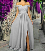 Load image into Gallery viewer, Sexy Off The Shoulder Long Satin Bridesmaid Dresses With Leg Slit
