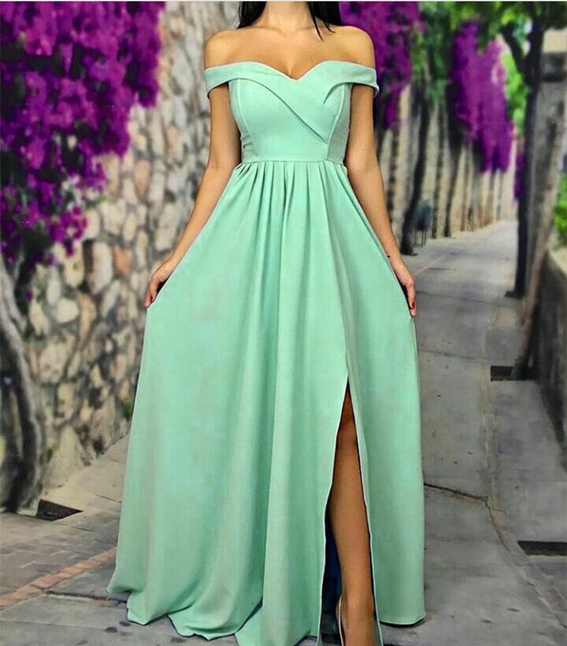Sexy Off The Shoulder Long Satin Bridesmaid Dresses With Leg Slit