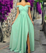 Load image into Gallery viewer, Sexy Off The Shoulder Long Satin Bridesmaid Dresses With Leg Slit

