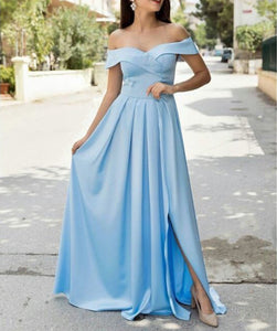 Sexy Off The Shoulder Long Satin Bridesmaid Dresses With Leg Slit