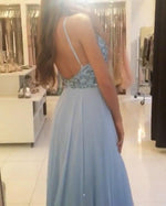 Load image into Gallery viewer, long chiffon coral pink prom dresses beaded halter top 2017 elegant
