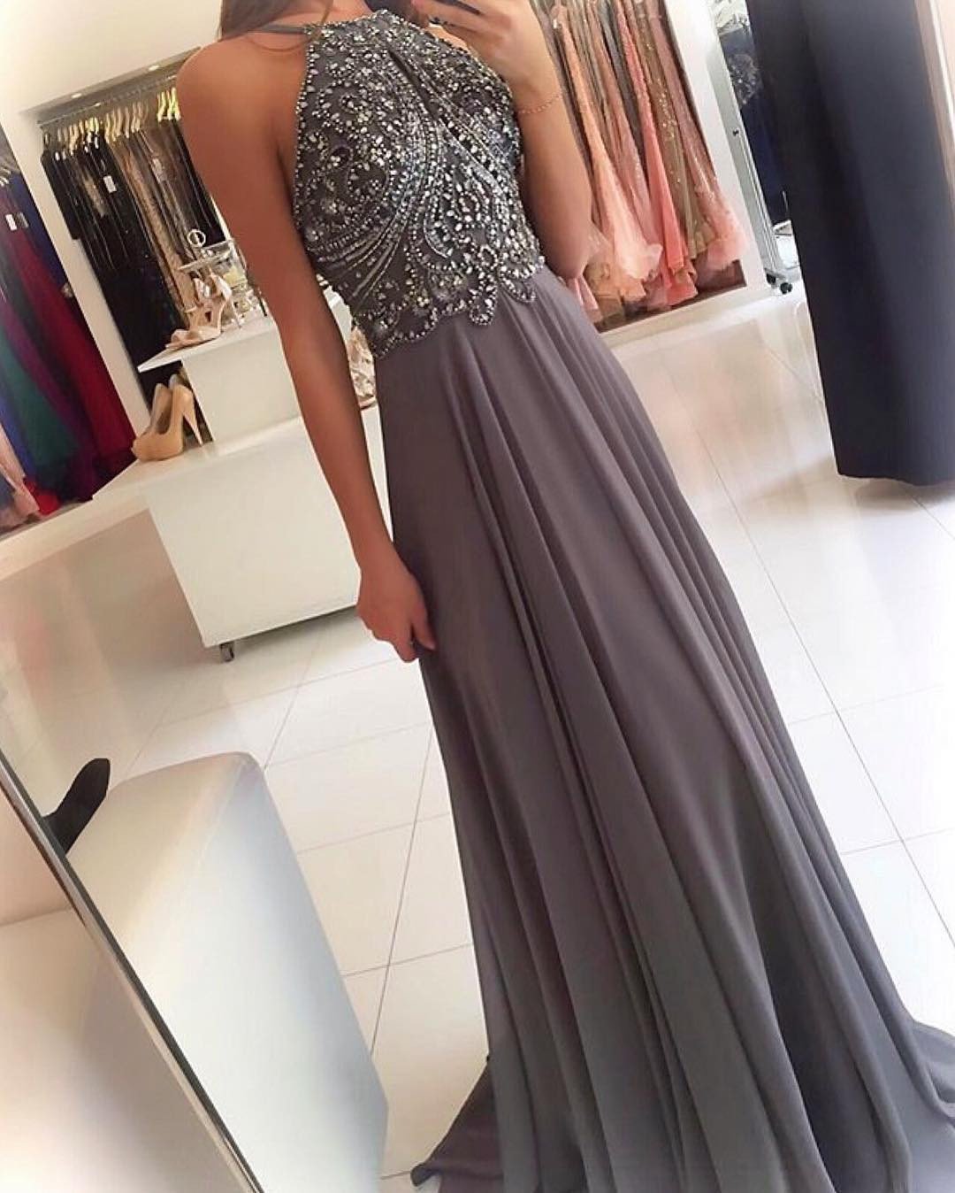 long chiffon coral pink prom dresses beaded halter top 2017 elegant