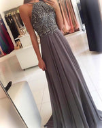 Load image into Gallery viewer, long chiffon coral pink prom dresses beaded halter top 2017 elegant
