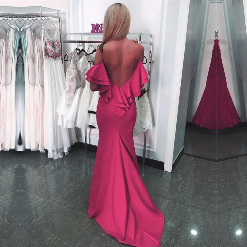 Ruffle Back Long Satin Mermaid Prom Dresses 2018 Formal  Evening Gowns