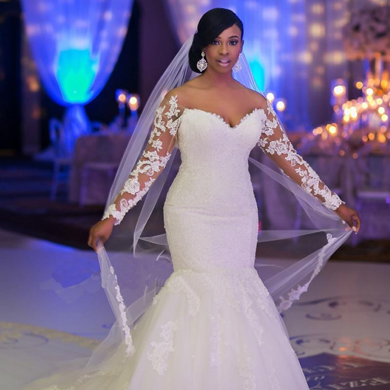 Sheer Lace Long Sleeves Tulle Mermaid Wedding Dresses Off The Shoulder