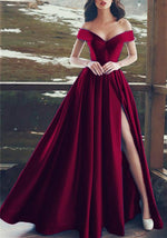 Load image into Gallery viewer, Charming V-neck Off The Shoulder Prom Dresses Long Satin Evening Gowns
