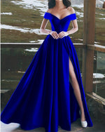 Load image into Gallery viewer, A-line V-neck Satin Off Shoulder Long Prom Dresses
