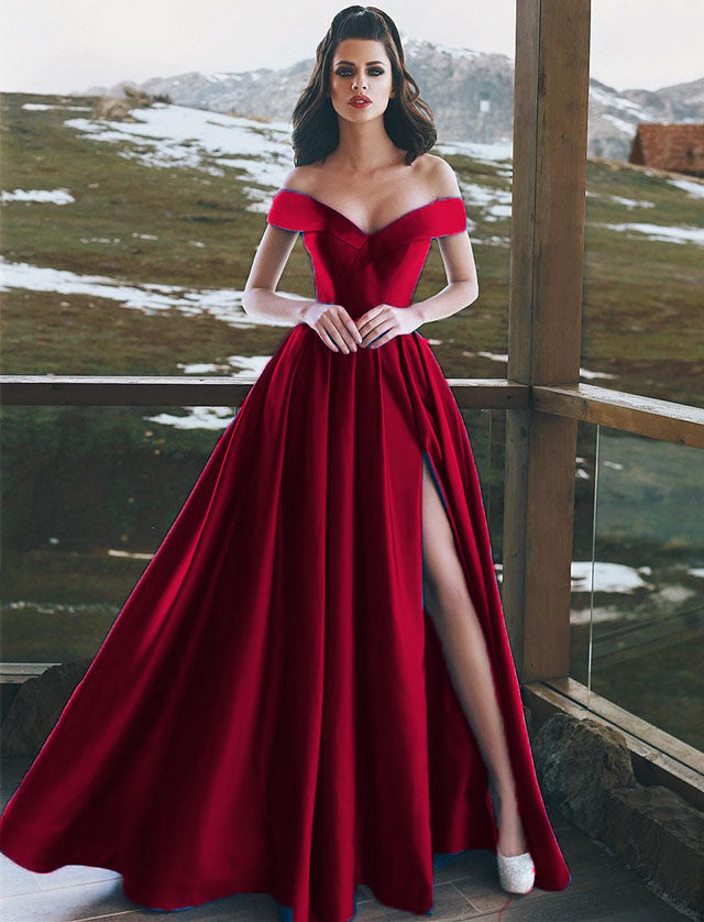 Charming Prom Long Dresses Off-Shoulder Satin Split Evening Gowns