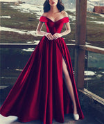 Cargar imagen en el visor de la galería, A-line V-neck Satin Off Shoulder Long Prom Dresses
