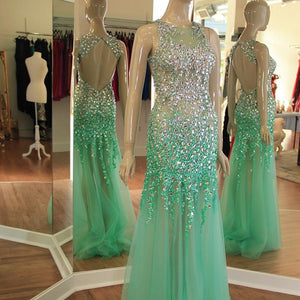 See Through Prom Dresses Mermaid Backless Evening Gowns With Crystal