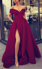 Afbeelding in Gallery-weergave laden, Sexy Evening Dresses Off Shoulder Long Satin Split Prom Gowns
