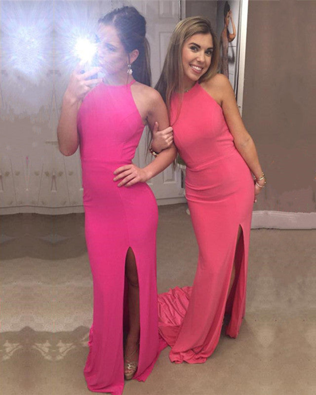 Long Jersey Backless Mermaid Prom Dresses Leg Slit