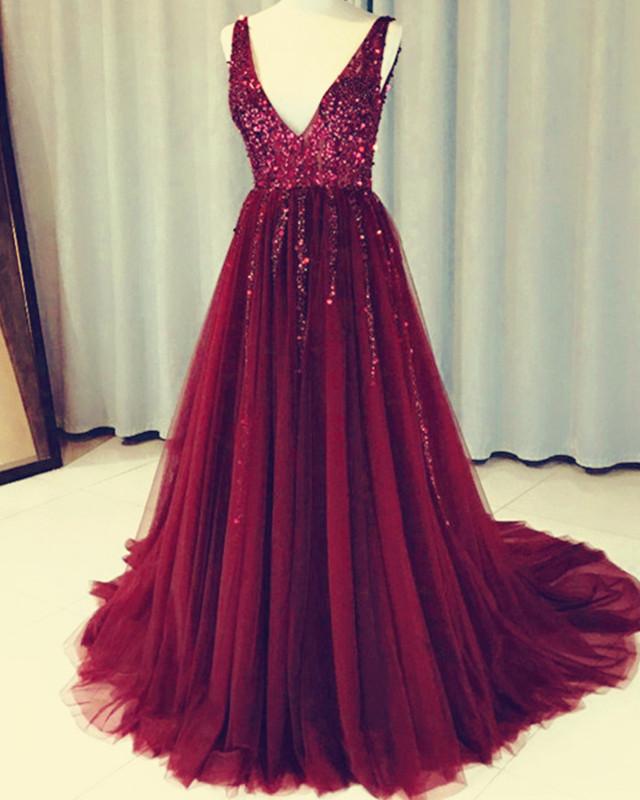 Burgundy-Evening-Dresses-Long-Tulle-Prom-Gowns