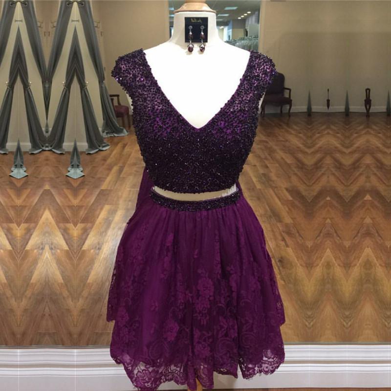 Stunning Beaded Cap Sleeves Lace Homecoming Dresses Two Piece