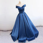 Load image into Gallery viewer, v neck off the shoulder long satin prom dresses ball gowns
